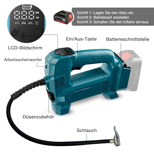 Mucek Accucompressor voor Bosch Professional 18 V, 150 psi/10,3 bar draagbare luchtcompressor, accucompressor auto met digitale drukmeter voor auto, motorfiets, fiets, ballen (zonder batterij) - Afbeelding 4