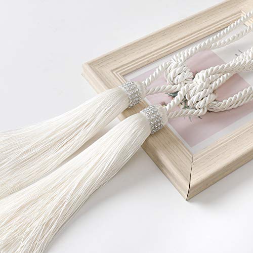 Central Park 2 Pack White Tiebacks Hand-Woven Tassels Curtain Panels Holdbacks Home Decorative Fastener Accessories Window Drapery Ropes for Window Treatment, Total Length 22 inch