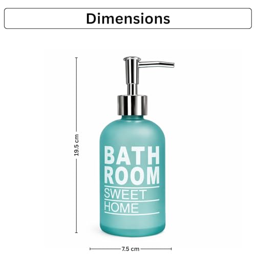Image of Luxe Home International Bathroom Sweet Home Print Glass Soap Dispenser for Bathroom and Kitchen Sink Leak Proof Liquid Hand Wash Round Bottle Lightweight Smooth Finish (19.5x7.5 cm Aqua) Pack of 1