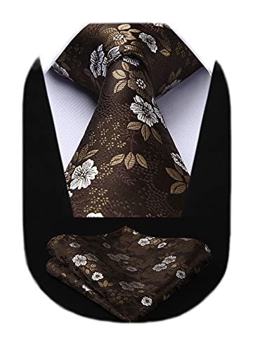 HISDERN Men Brown Floral Ties Woven Classic 3.4  Necktie Set Formal tie Pocket Suqare for Wedding Business with Handkerchief Gift Box