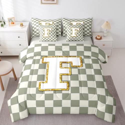 Image of Erosebridal Sage Green Checkered Full Bedding Set 7 Piece Plaid Initial F Bed in A Bag with Sheets Personalized Monogram Comforter Set for Kids Adults,Fashion Grids Gingham Bed Sets