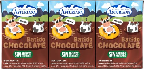 Central Lechera Asturiana - Batido de Chocolate, Pack de 3 Briks de 200 mililitros, Sin Aditivos Artificiales