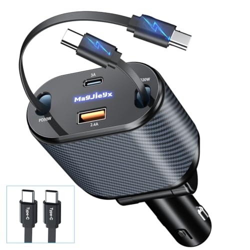 Image of MAGJIEYX Retractable Car Charger, 80W Cigarette Lighter USB Adapter Fast Charging with Dual Type-C Cables & USB-C/USB-A Port for iPhone 16 15 14 13 12Pro Max Plus iPad AirPods Galaxy Car Accessories