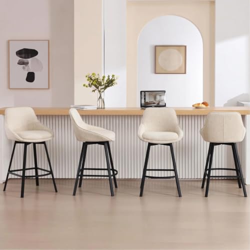 Image of Zesthouse Swivel Bar Stools Set of 3, Modern Counter Height Barstools with Backs, 26'' Upholstered Linen Fabric High Chairs for Island Kitchen, Counter Height Chairs with Metal Legs, Beige