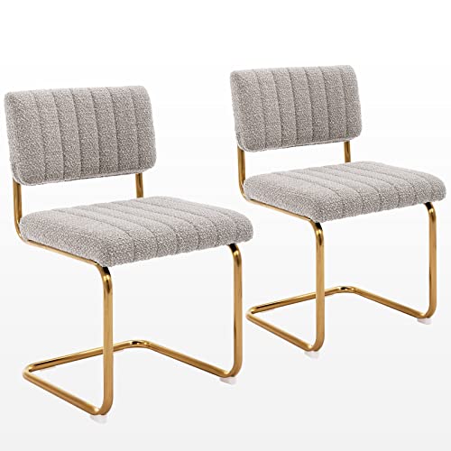 Zesthouse Mid-Century Modern Dining Chairs With Gold Metal Base, Accent Armless Kitchen Chairs With Channel Tufting, Upholstered Boucle Fabric Side Chairs, Set Of 2, Grey Khaki #TOP6