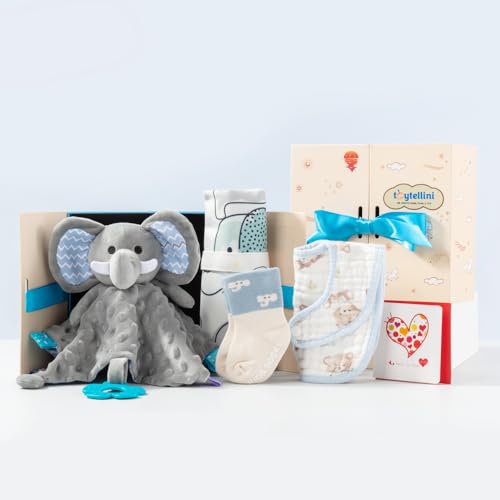 Image of Baby Boy Gifts, Baby Shower Gifts for Unisex Baby, Baby Gift Box Includes Cute Elephant Lovey, Portable Diaper Changing Pad, Muslin Baby Bib and Socks, Lovely Greeting Cards (Blue Box)