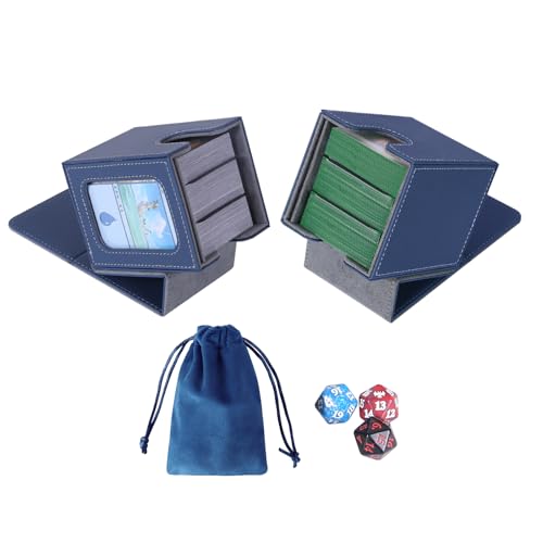 Image of AFIING MTG Deck Box for Commander Display,Card Deck Box Fits 100 Double Sleeved Cards, Magic Commander TCG Card Storage with 2 Dividers,Dice Bag and 1 Toploader(Blue /Grey)