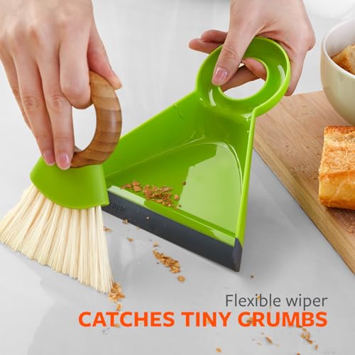 Image of Full Circle Tiny Team Mini Brush & Dustpan Set - Green | Compact and perfect for quick countertop cleanups in the kitchen, on desks, or anywhere crumbs collect.