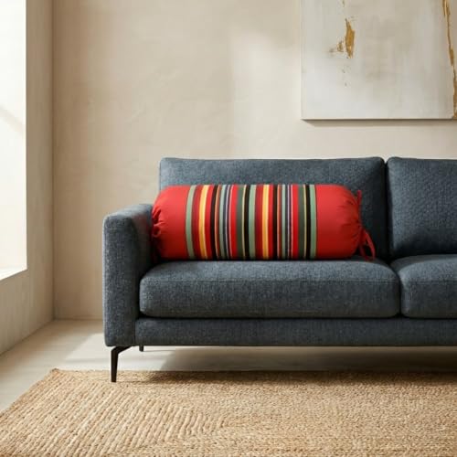 Image of SAJAVAT HOME Ruby Red Cotton Stripe Bolster Cover Set of 3 | 15x30 Inches Machine Woven Side Pillow Covers with Tie Closure for Sofa, Couch & Diwan