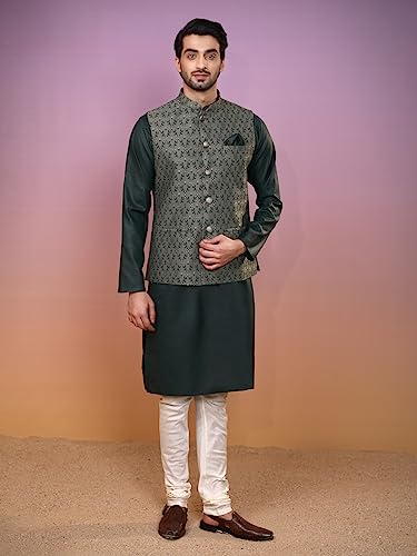 Image of Kisah Men's Silk Blend Geometric Nehru Jacket Regular Fit | Designer Ethnic Layering | Wedding & Occasion Wear