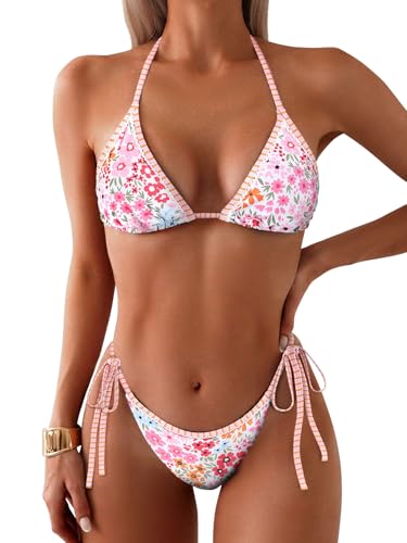 Image of ZAFUL Womens Printed Triangle Bikinis 2 Piece Halter Bikini Sets High Cut Bathing Suit Side Tie Swimsuits