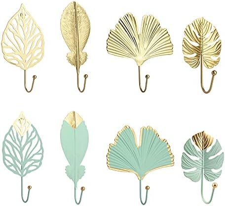 ORYOUGO Set of 8 Decorative Leaves Iron Hooks Plant Modern Key Holder Wall Mounted Single Prong Coat Hanger for Hallways, Living Room, Green+Gold