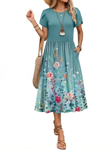 Image of Zeagoo Womens Summer Dresses Casual Aline Midi Dress Short Sleeve Floral Tshirt Dress Flowy Beach Sundresses with Pockets