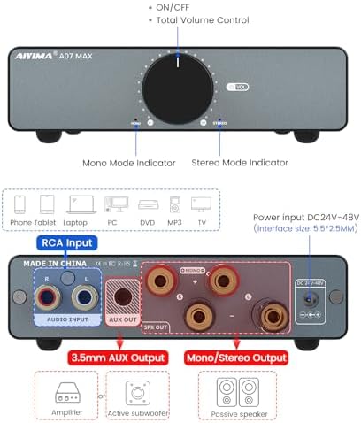 AIYIMA A07 MAX 2-kanałowy wzmacniacz Hi-Fi 300 W x 2 TPA3255 mini wzmacniacz mocy klasy D z możliwością mostkowania Mono Stereo Wzmacniacz stacjonarny 600 W z wyjściem 3,5 mm