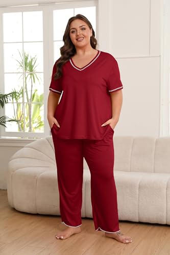 Image of Vozanet Women's Plus Size Pajama Sets Short Sleeve Long Pants Solid Color with Piping Trim Elegant Loungewear Cozy Sleepwear