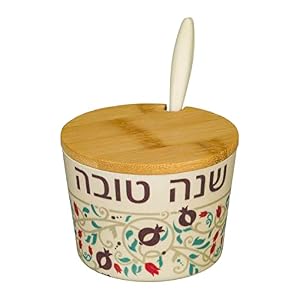 Bamboo Honey Dish and Wood Honey Sticks Spoon for Rosh Hashanah, Shana Tovah, 2.5 inch, Honey Jar with Dipper, Honey Pot Container
