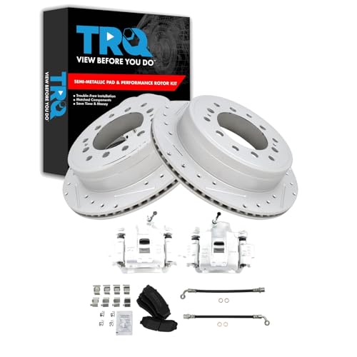 Image of TRQ Performance Rear Brake Pad and Rotor Set Semi Metallic Drilled Slotted Coated Rotors Calipers Compatible with 2010-2014 Toyota FJ Cruiser