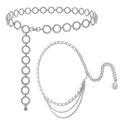 2 Stück Damen Gürtel Mode Metall Kettengürtel Legierung Taille Gürtel Einstellbare Taillenkette Damen Mehrschichtig Bauchkette Gürtel Verstellbare Kettengürtel Körperkette Schmuck