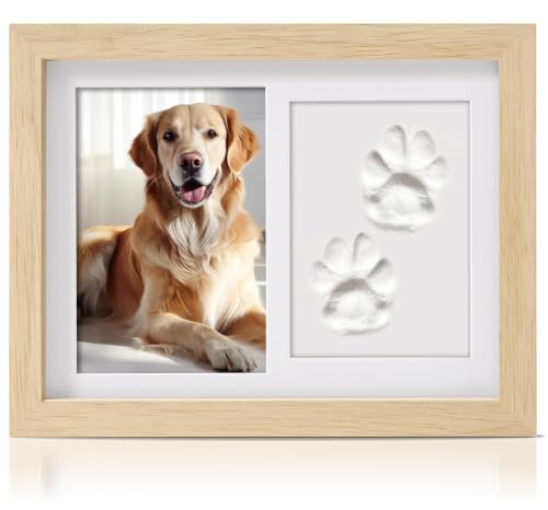 PewinGo Pet Memorial Frame for Dogs and Cats,Pet Paw Print Photo Frame with Clay Imprint Kit,Pawprint Making Kit and Photo Display for 6" x 4" Photo, Perfect Pet Keepsake Gift for Pet Owner-Oak