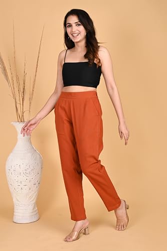 Image of Women's Solid Straight Fit 100% Cotton Trousers | High Waist, Side Pockets, Ankle Length Pants for Office, Casual