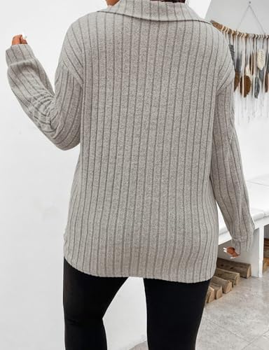 Image of Koscacy Women Plus Size Casual Knit Sweater Lapel V Neck Solid Color Tops Lightweight Long Sleeve Blouses