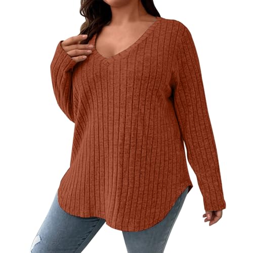 Heevina Sweaters for Women Ribbed V Neck Plus Size Solid Color Long Sleeve Base Jumpers Pullover Winter Sweater Fall