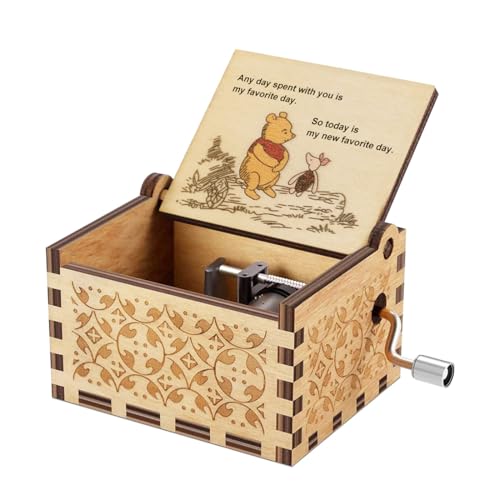 Music Box Gift for Wife Girlfriend, Valentine Day Gift Music Box Bear Pooh Saying Friendship Gift for Friend BFF Husband Boyfriend Birthday Anniversary Present Wooden Hand Crank Musical Box