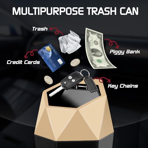 Image of Car Trash Can with Lid, Mini Car Trash Cup with 30 Additional Trash Bags, Car Accessories for Interior, Leakproof Vehicle Garbage Bin for Car, Home, Office - 2 Packs, Gold