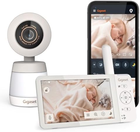 Gigaset Baby 700 Connected–Video-Babyphone mit 5,5"-Full HD-Touchscreen–Sichere FHSS & WLAN Übertragung–Lange Akkulaufzeit-große Reichweite-mit Gigaset App, Cream White/Warm Grey [