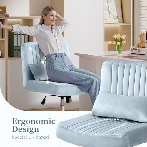 Image of Velvet Criss Cross Desk Chair with Wheels, Luxury Cross Legged Office Office, Swivel Wide Seat Vanity Chair, Armless Adjustable Height Gaming Chair Gift, Dusty (2, Light Blue)