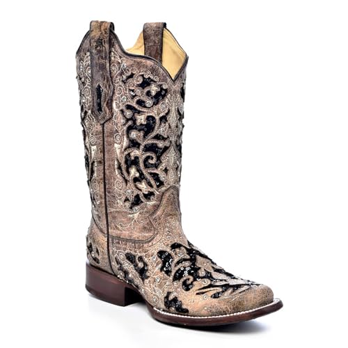 Corral A3648 Floral Embroidered Glitter Inlay and Studs Square Toe Boots (11)