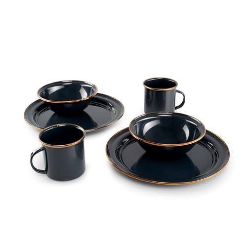 GSI Outdoors Mesa 2-Person Enamelware Dining Set 6-Pieces – Shadow with Bronze-Finished Stainless Steel Rim, Dishwasher Safe