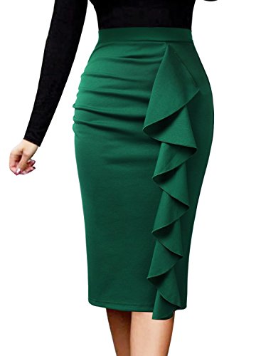 Vfshow Women Elegant Ruched Ruffle Slit Work Business Party Pencil Skirt 2511 Grn L #TOP1
