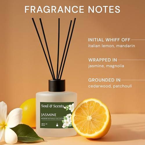 Image of Soul & Scents 50ml Jasmine Reed Diffuser Set | Essence of Orris and Patchouli | Get 5 Rattan Reed Sticks | Smoke Less Room Freshener for Home, Bedroom, Living Room & Office