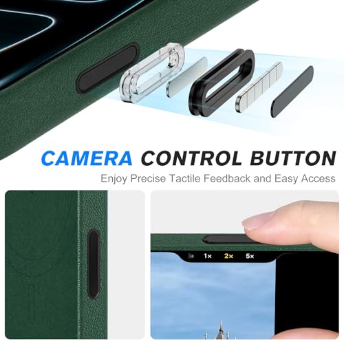 Image of SHIELDON Genuine Leather Case for iPhone 17 Pro 6.3 inch 2025, Midnight Green | Compatible with MagSafe, Magnetic Wireless Charging, Camera Button, Metal Buttons, Camera Bezel, Slim, Shockproof, Women Men