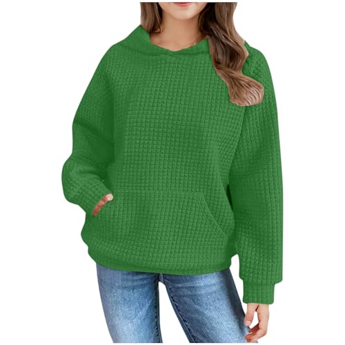 Sweat à capuche pour filles en maille gaufrée unie vert de 5 à 14 ans