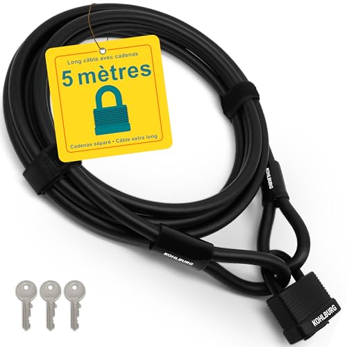 KOHLBURG cable antivol de 5 mètres – cadenas velo à 3 clés – fermeture par simple pression – câble 5 m pour vélo et mobilier de jardin – 500 cm...