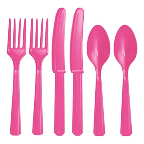 Image of Hot Pink Plastic Silverware Set for 6 Guests (18pcs)