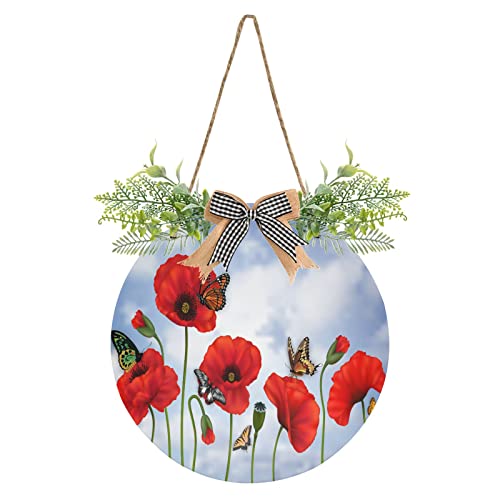 Spring Red Poppy Door Wreath for Front Door Summer Butterflies