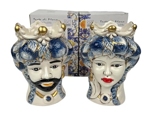 Coppia teste di moro regina e re in ceramica decorata stile siciliano vasi moderni gic (FOGLIE, 14 X 13 X 18 CM)