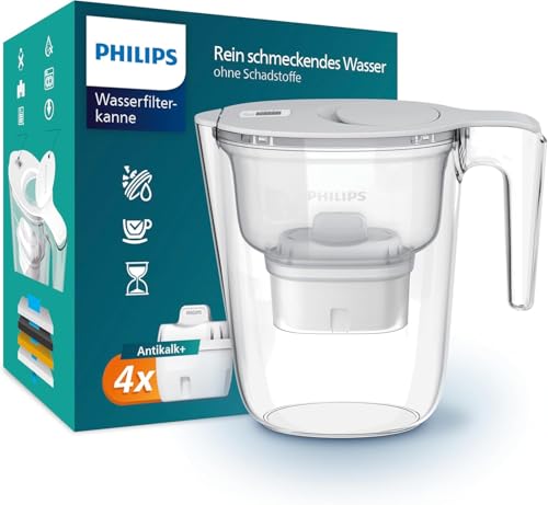 Philips Water Wasserfilterkanne +4 Antikalk+ Ersatzfilterkartuschen schneller Durchfluss elektronischer Timer reduziert Wasserhärte um bis zu 50 Prozent 2,6 L