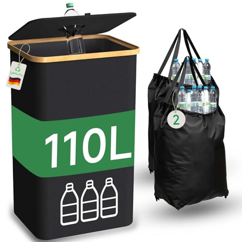 LaifuTu 110L Pfandflaschen Sammelbehälter mit Deckel & 2 Tragetasche, Faltbar Pfandflaschen Behälter, Multifunktional Flaschensammler Leergut, Leergut Sammelbehälter für Küche und Lagerraum