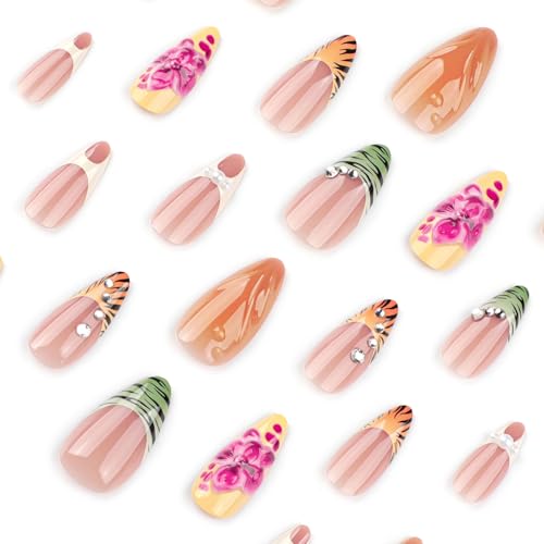 24 Pcs Nude Almond Press on Nails Medium Length Fake Nails with Design 3D Flower Glue on False Nails Leopard Print French Tip Acrylic Nails Fall Winter Artificial Weeding Manicure for Women — view 4
