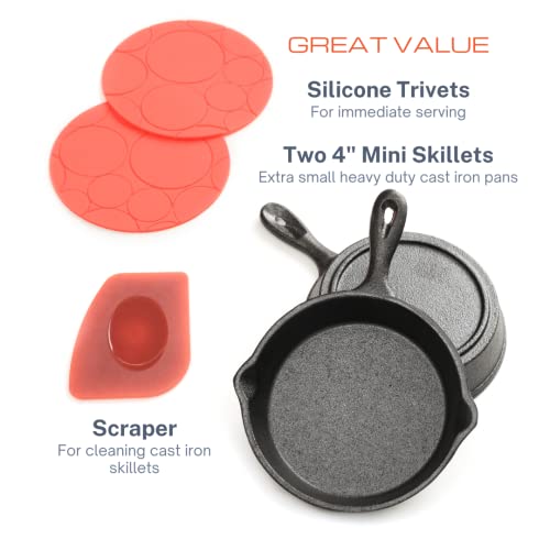 Kuha Mini Cast Iron Skillets 4” - 2-Pack Of Pre-Seasoned Miniature Skillets - With 2 Small Silicone Trivets And Cast Iron Scraper #TOP2