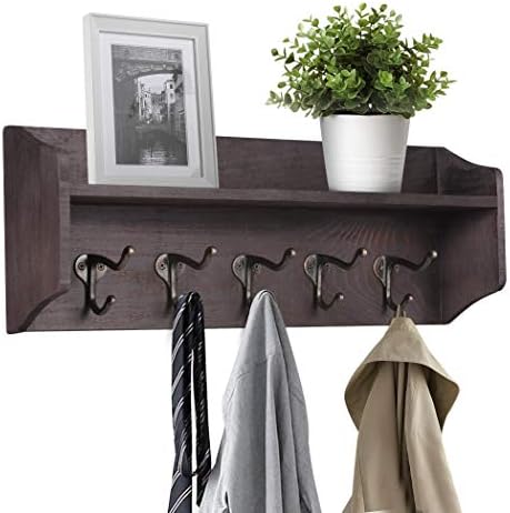 LAVIEVERT Coat Hooks with Storage Shelf Wall-Mounted, Rustic Wood Hanging Coat Rack with 5 Vintage Metal Hooks for Entryway, Living Room, Kitchen, Bathroom