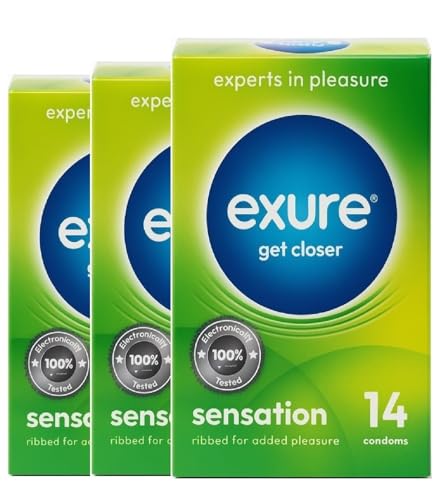 Exure 42pk Ribbed Condoms Thin Feel – Ribbed & Lubricated Latex for Men, Sensitive Fit, Individually Wrapped, Discreet Packaging, Variety Textured for Contraception & Safer Intimacy