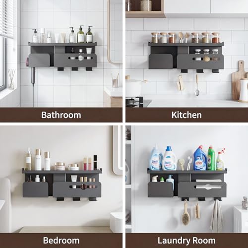 TIMBERHIDE Hair Dryer Holder Wall Mount Metal,Adhesive/Drilling Bathroom Organizer with Shelf,Tissue Box&3 Free Cups,Rustproof Rack for Hair Styling Tools&Toothbrush,Grey — view 5