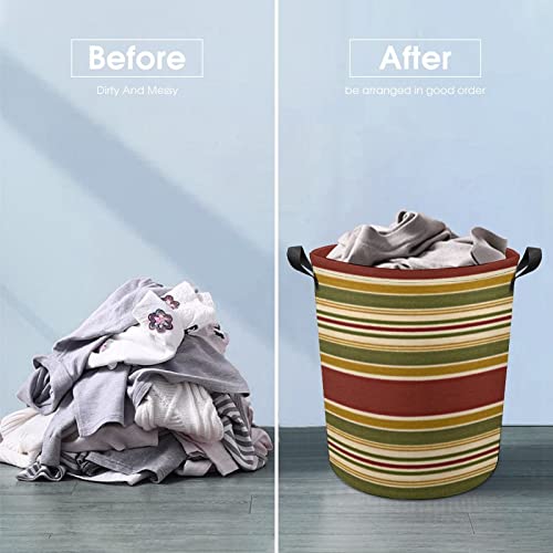 Laundry Hamper, Collapsible Laundry Basket With Handle Toys Organizer Bag Dirty Clothes Storage Basket For Bathroom, Dorm Essentials (Burgundy Green Yellow Stripes Pattern) #TOP4
