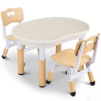 Kids Table and Chairs Set, Height-Adjustable Peanut-Shaped Table, Erasable Drawing Desk with 2 Chairs, HDPE Plastic Non-Slip Children's Furniture for Learning, Play & Eating, 80x60cm (yellow)
