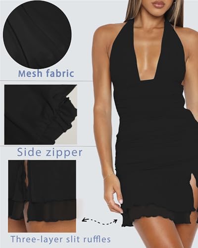 Image of Women's Summer Halter Dresses Sexy V Neck Backless Side Slit Ruched Waist Ruffle Cocktail Party Mesh Bodycon Mini Dress
